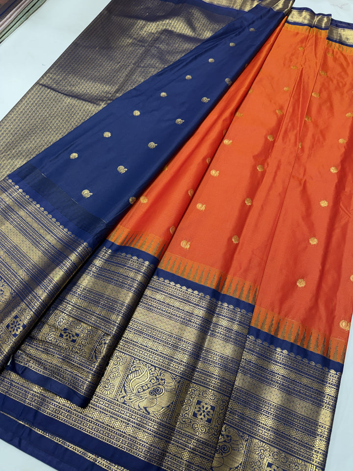 Peacock Navy Border Plain Semi-Silk Gadwal Saree (DHN-628) — Orange