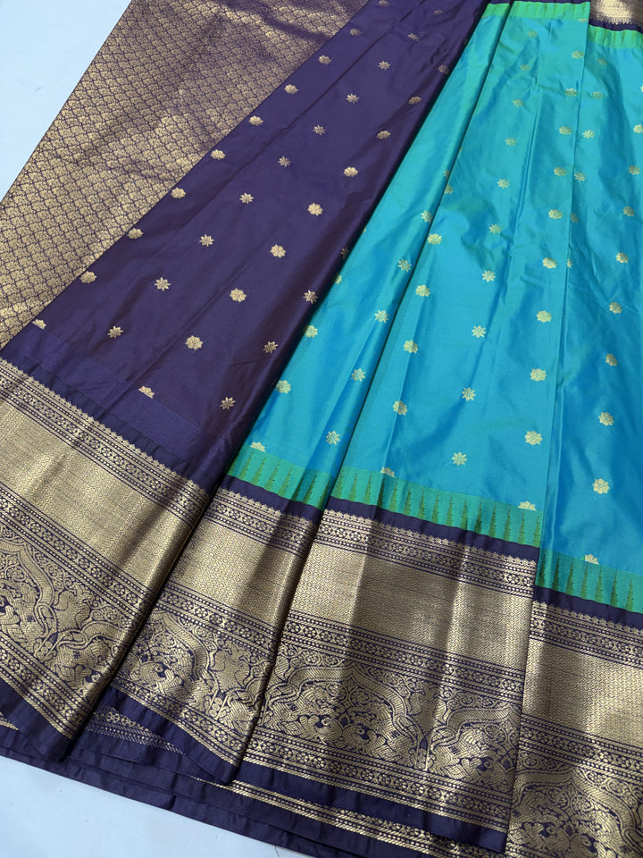Peacock Purple Geometric Border Plain Semi-Silk Gadwal Saree (DHN-631) — Teal
