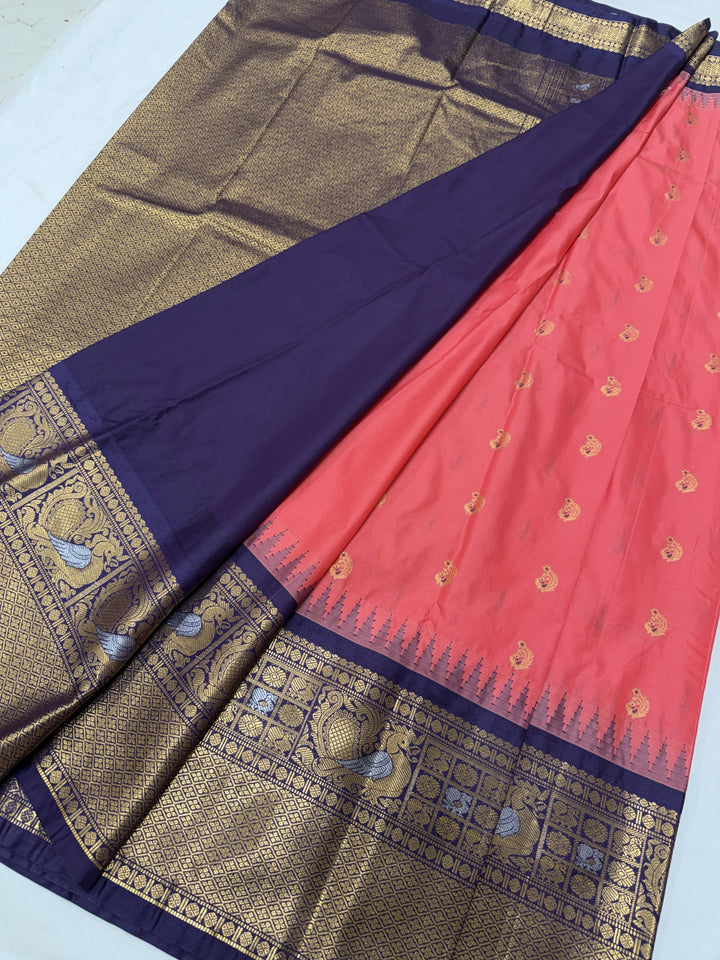Peacock Purple Border Plain Semi-Silk Gadwal Saree (DHN-630)