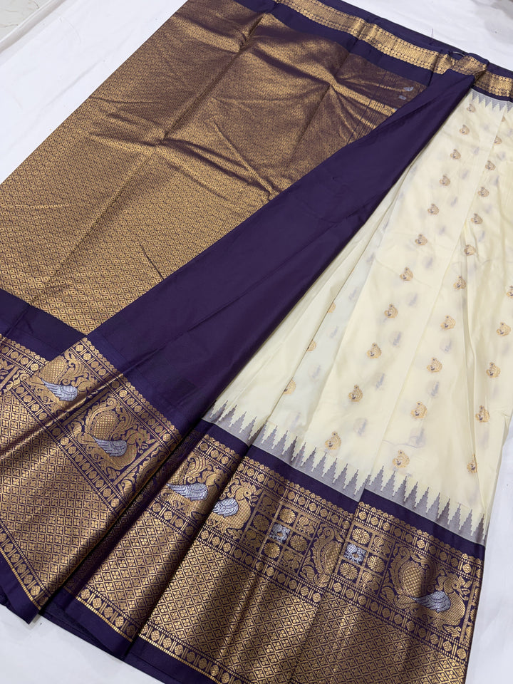 Peacock Purple Border Plain Semi-Silk Gadwal Saree (DHN-630)