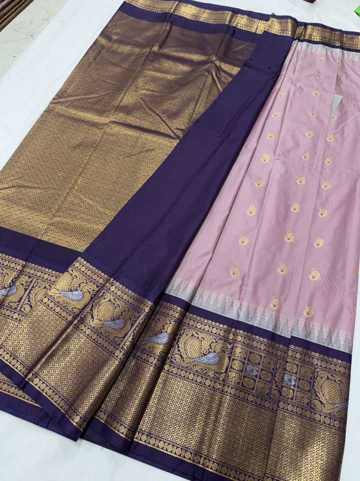 Peacock Purple Border Plain Semi-Silk Gadwal Saree (DHN-630) — Lavender