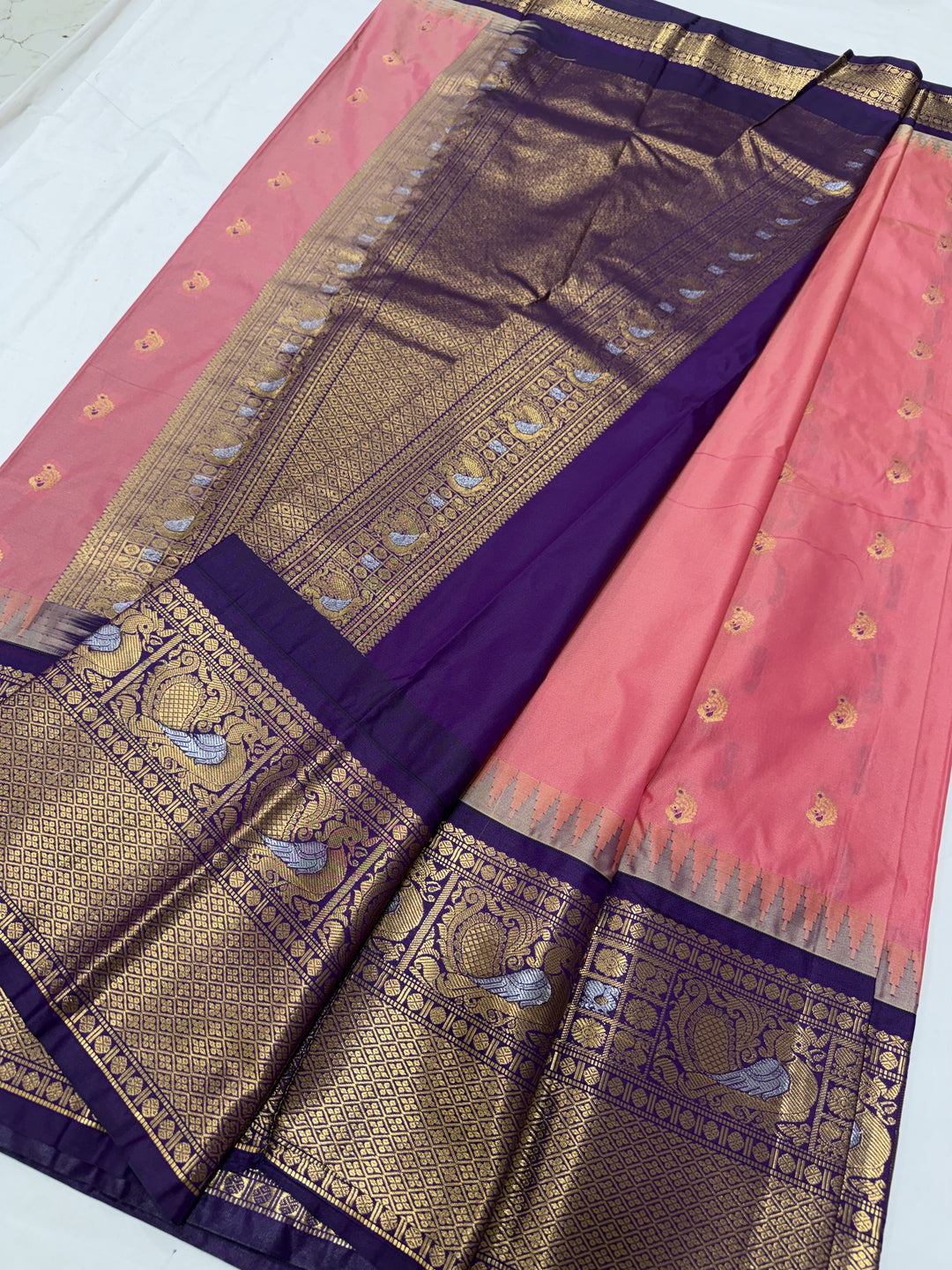 Peacock Purple Border Plain Semi-Silk Gadwal Saree (DHN-630)
