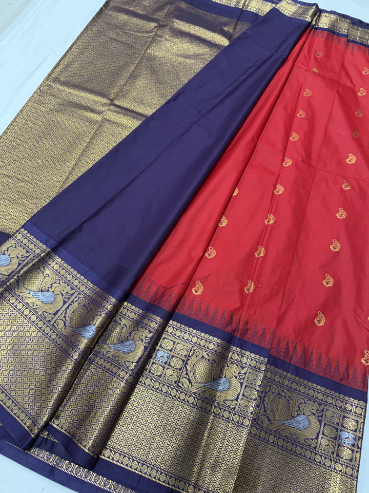 Peacock Purple Border Plain Semi-Silk Gadwal Saree (DHN-630)