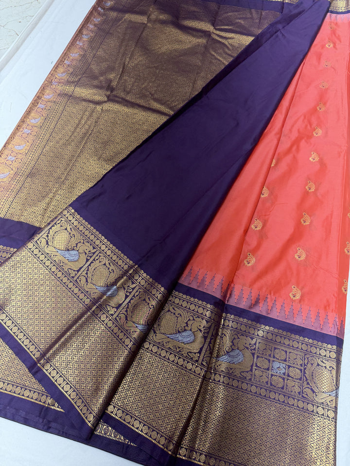 Peacock Purple Border Plain Semi-Silk Gadwal Saree (DHN-630)