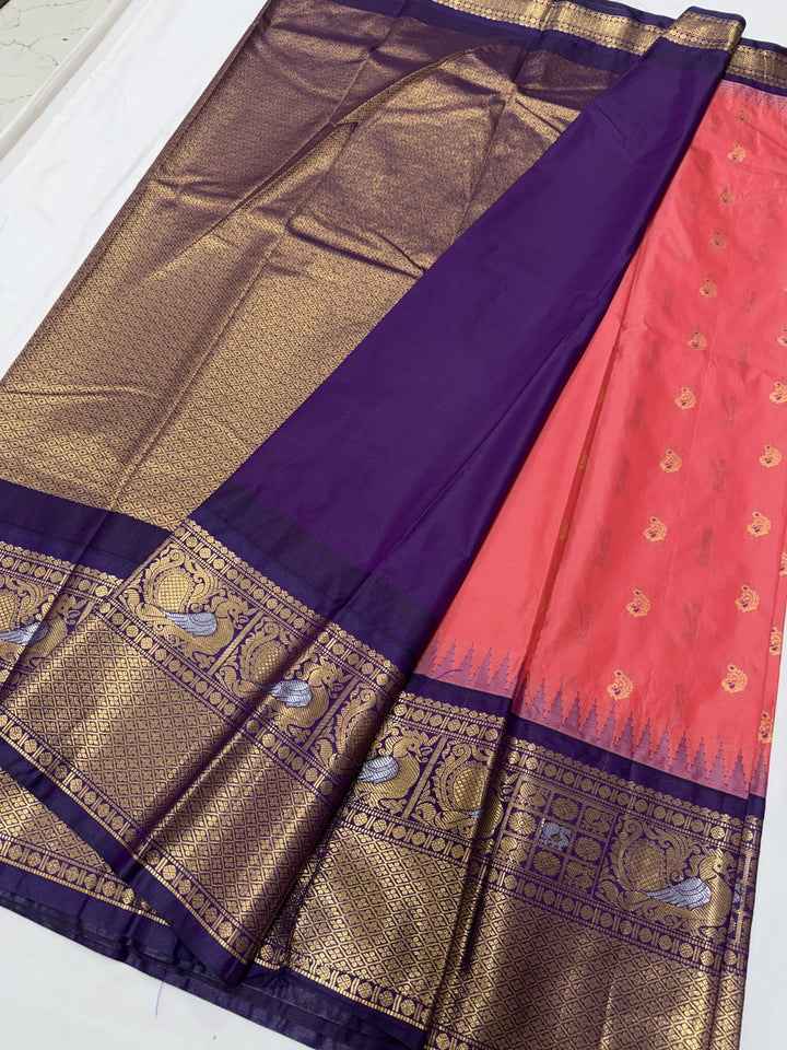 Peacock Purple Border Plain Semi-Silk Gadwal Saree (DHN-630)