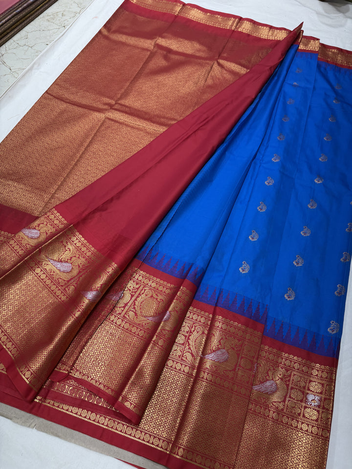 Peacock Red Border Plain Semi-Silk Gadwal Saree (DHN-632) — Blue