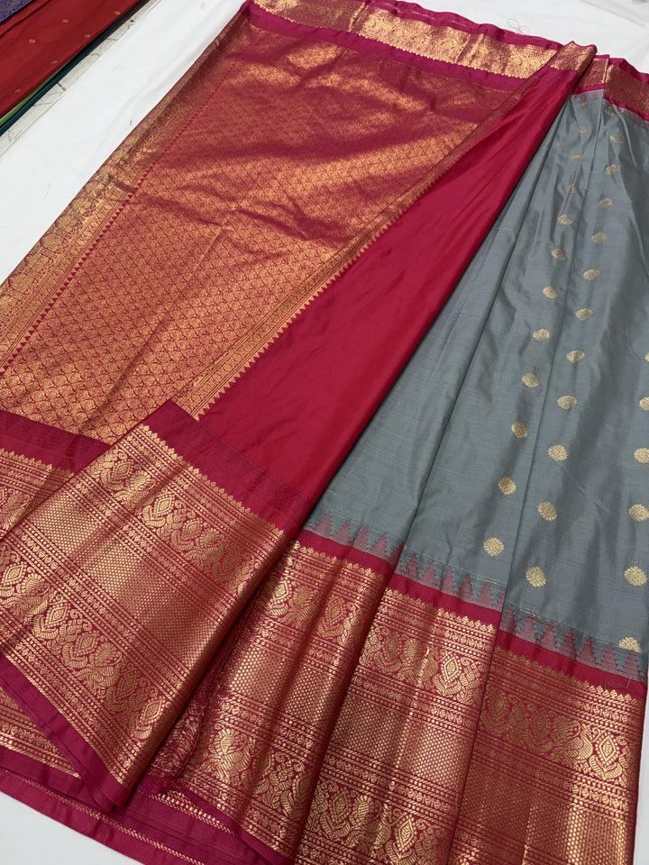 Peacock Red Border Plain Semi-Silk Gadwal Saree (DHN-632)