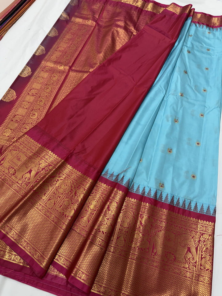 Peacock Red Border Plain Semi-Silk Gadwal Saree (DHN-632)