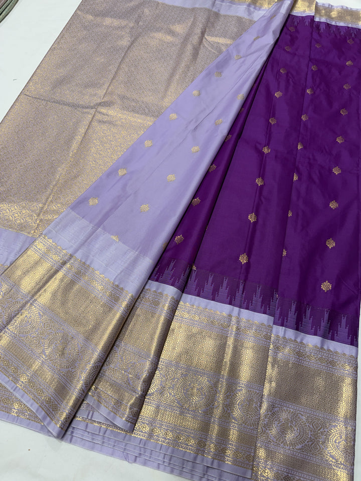 Silver Geometric Lavender Border Plain Semi-Silk Gadwal Saree (DHN-634) — Purple