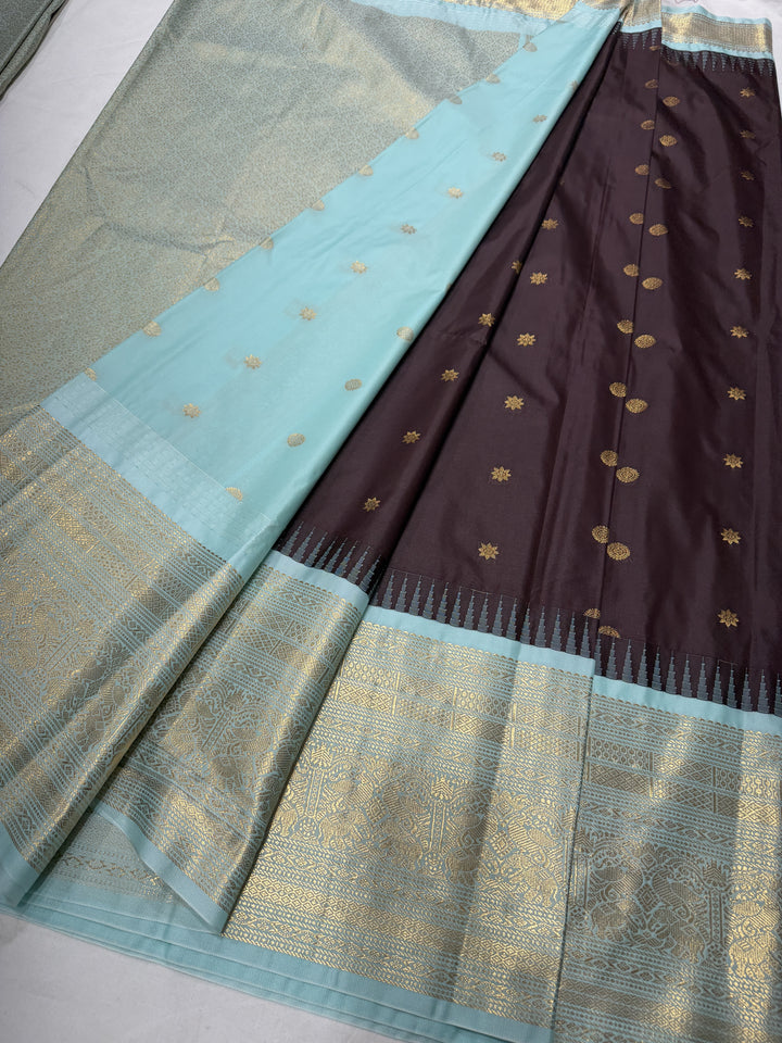 Silver Geometric Sky Blue Border Plain Semi-Silk Gadwal Saree (DHN-635) — Black