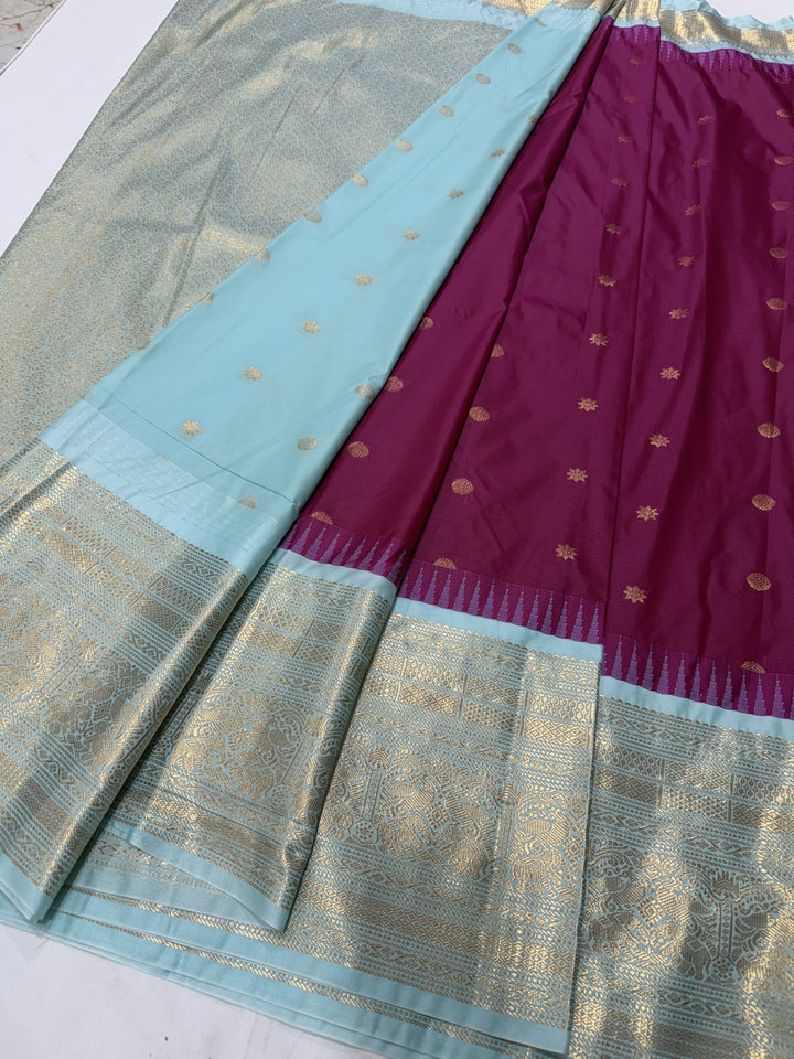 Silver Geometric Sky Blue Border Plain Semi-Silk Gadwal Saree (DHN-635)