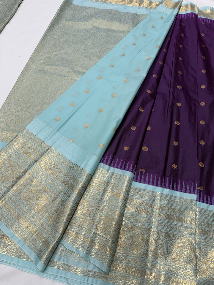 Silver Geometric Sky Blue Border Plain Semi-Silk Gadwal Saree (DHN-635)