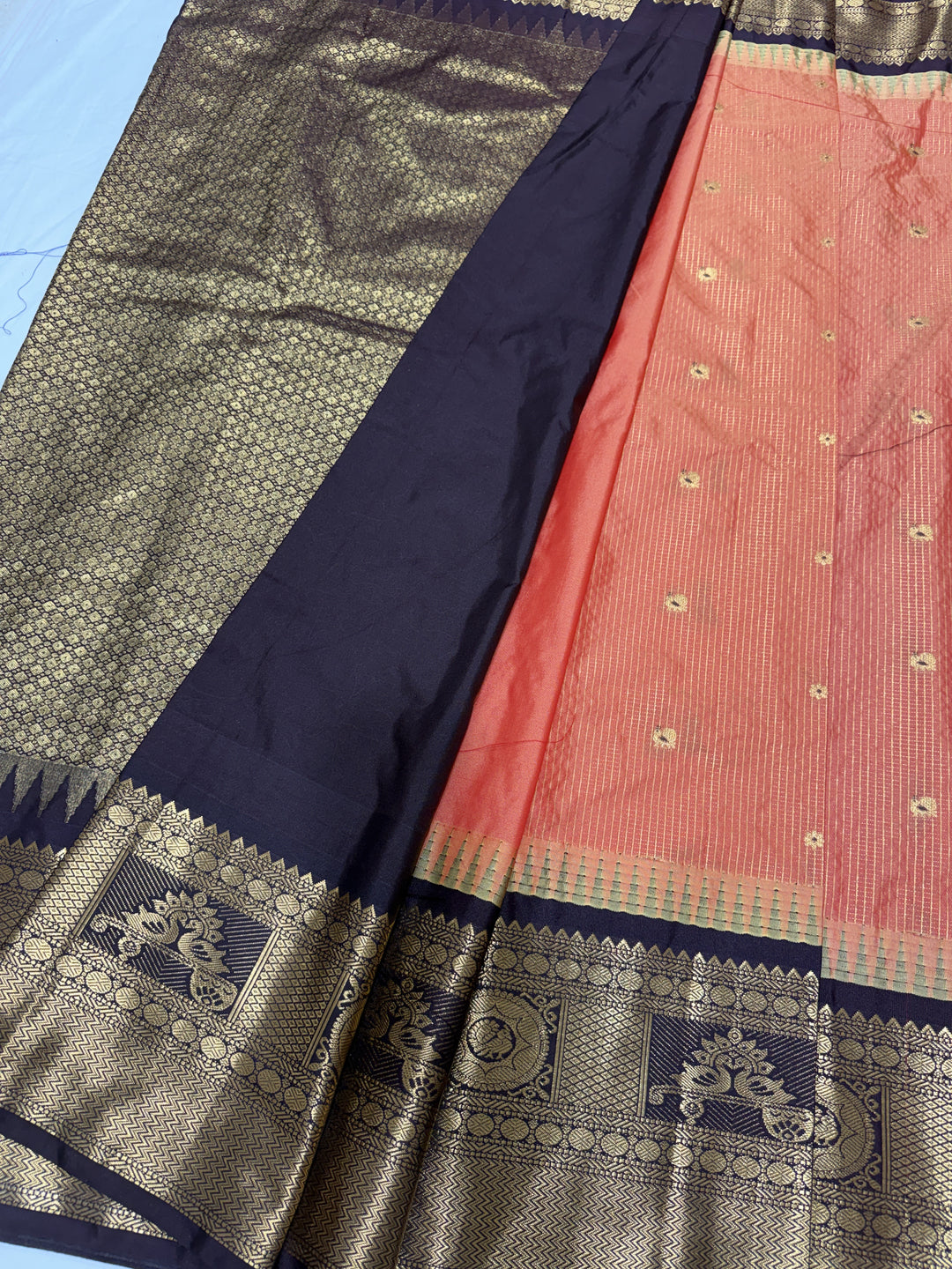 Peach Stripes Big Border Premium Semi Gadwal Saree (DHN-662)