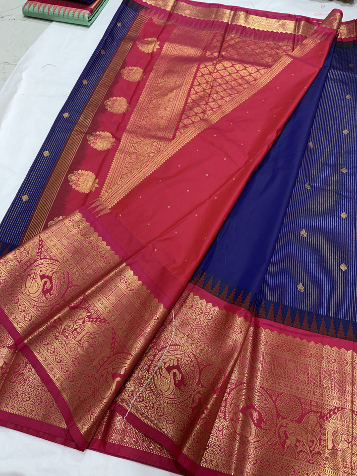 Stripes Big Border Premium Semi Gadwal Saree (DHN-637) — Navy Blue