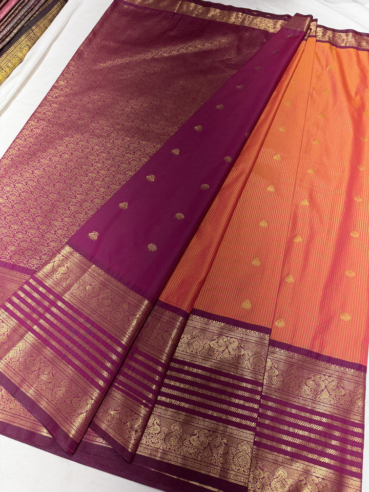 Stripes Big Border Premium Semi Gadwal Saree (DHN-642) — Orange