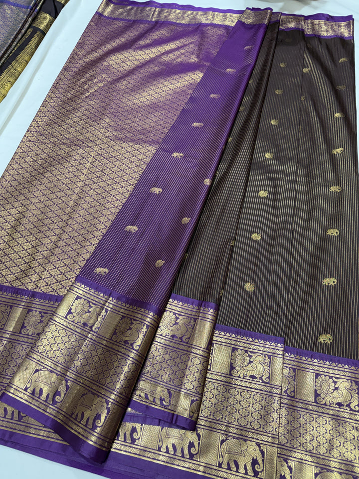Stripes Big Border Premium Semi Gadwal Saree (DHN-643) — Dark Brown