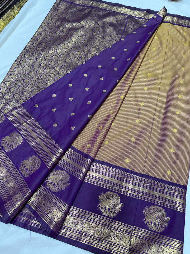 Stripes Big Gap Border Premium Semi Gadwal Saree (DHN-639) — Beige