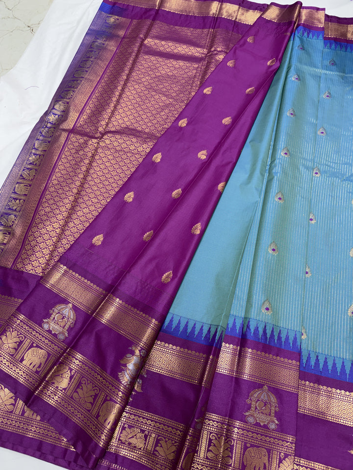 Stripes Big Gap Border Premium Semi Gadwal Saree (DHN-638) — Sky Blue