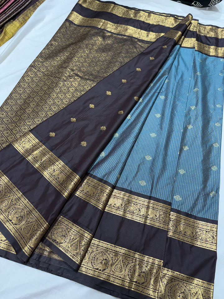 Stripes Big Gap Border Premium Semi Gadwal Saree (DHN-640) — Steel Blue