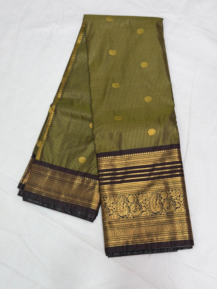 Olive Green Stripes Semi-Silk Gadwal Saree (DHN-232)