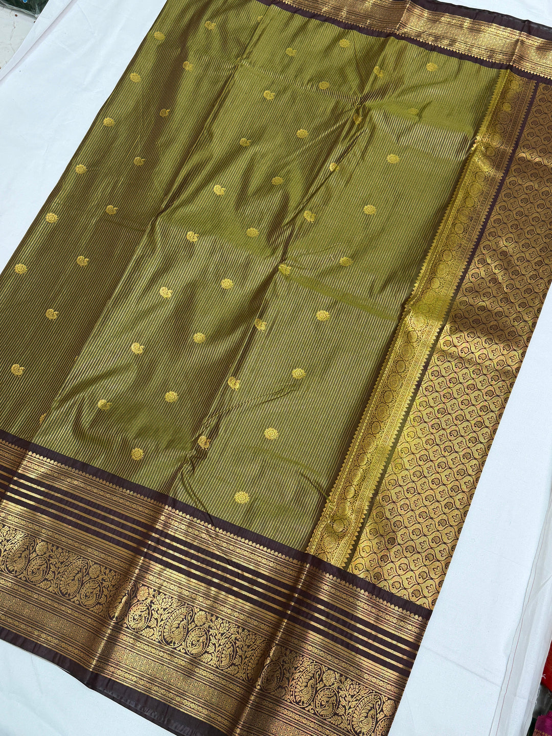 Olive Green Stripes Semi-Silk Gadwal Saree (DHN-232)