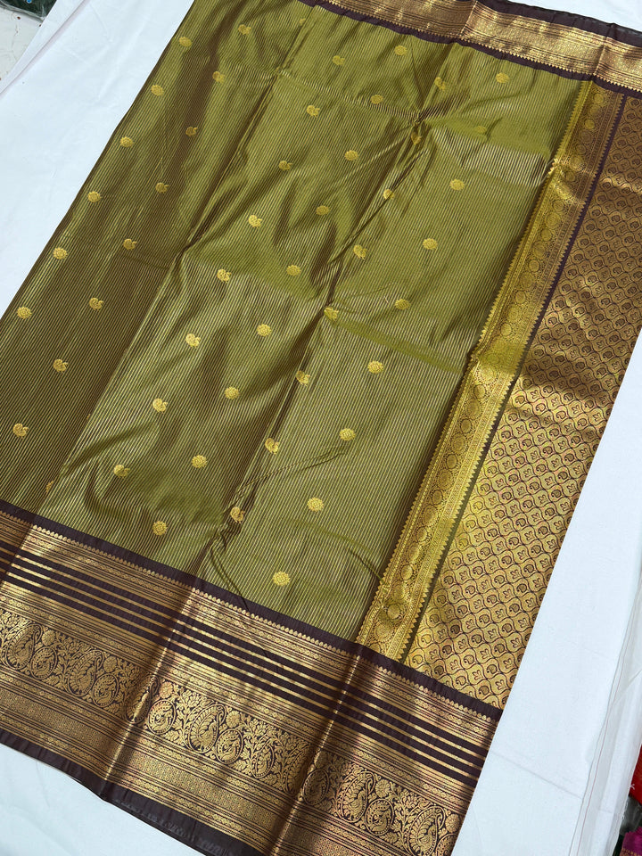 Olive Green Stripes Semi-Silk Gadwal Saree (DHN-232)
