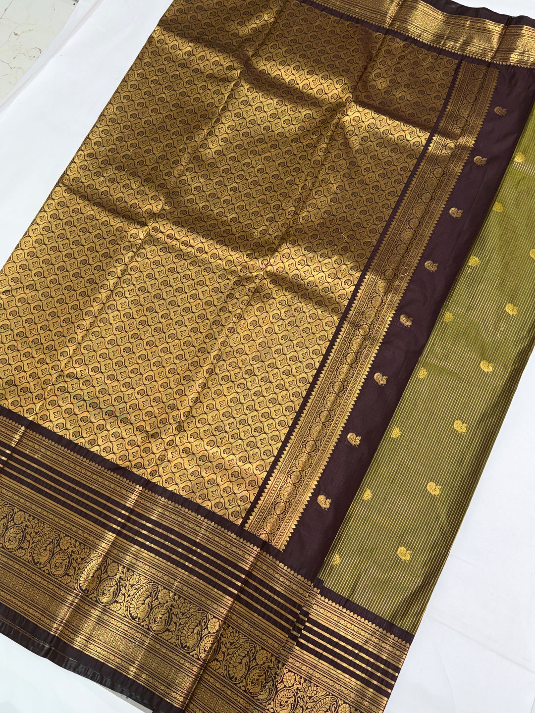 Olive Green Stripes Semi-Silk Gadwal Saree (DHN-232)