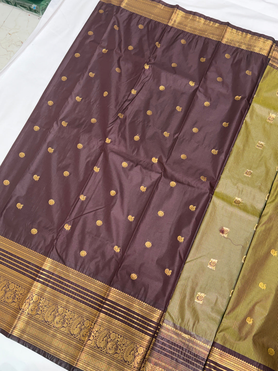 Olive Green Stripes Semi-Silk Gadwal Saree (DHN-232)