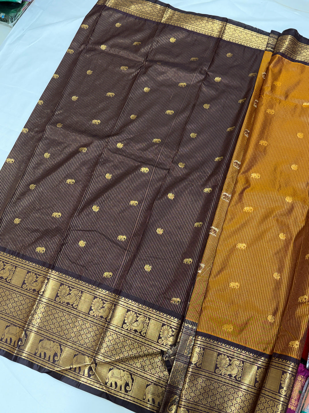 Mustard Stripes Semi-Silk Gadwal Saree (DHN-235)