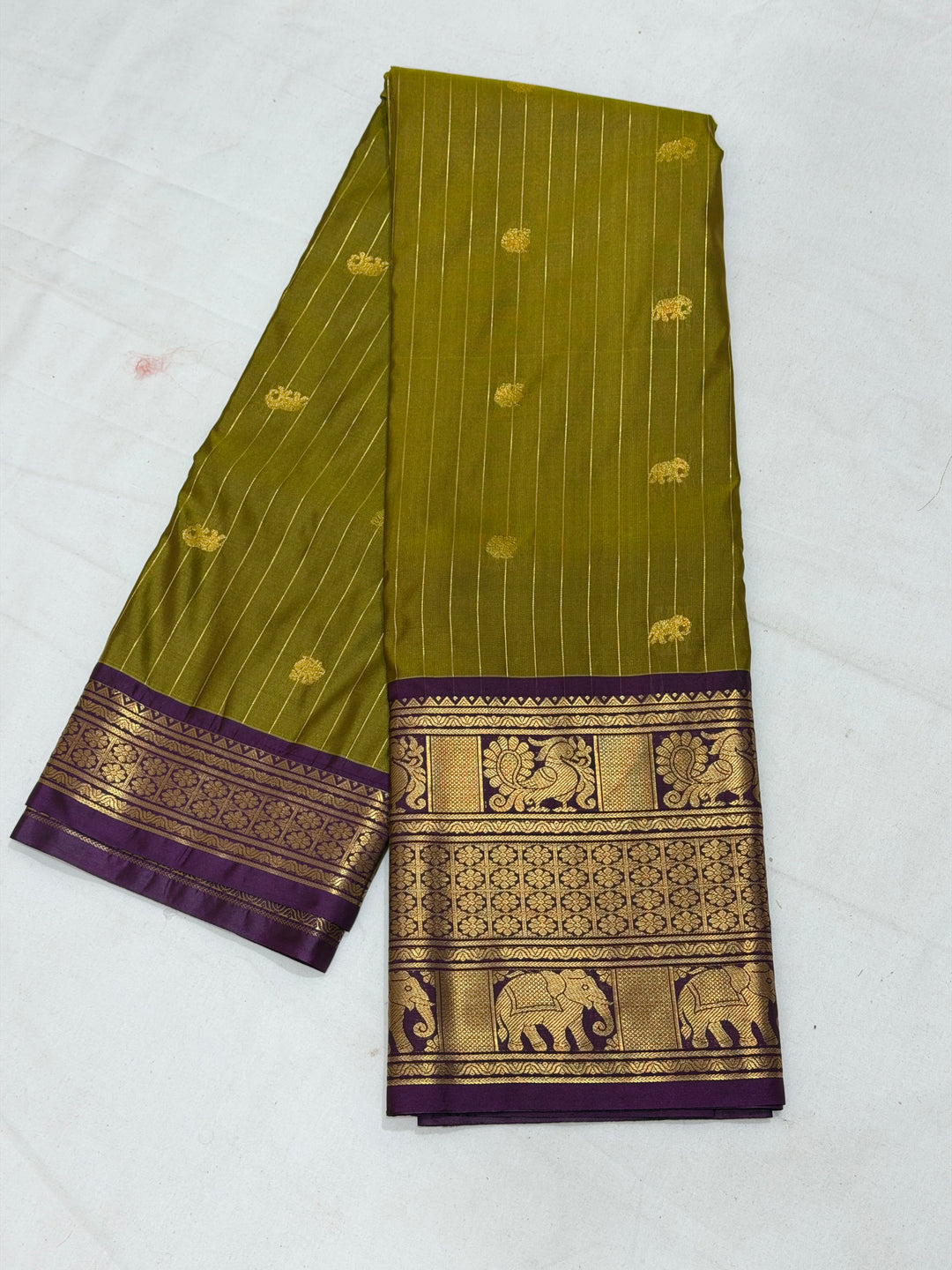 Olive Stripes Semi-Silk Gadwal Saree (DHN-236)