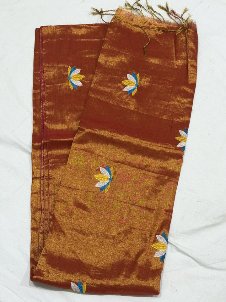Tissue 120 Count Mul Cotton Saree (DHN-505) — Rust Orange